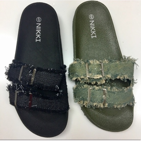 Nikki Shoes - 🌳 Nikki Fringed Top Denim Buckle Slides Black and Khaki Green